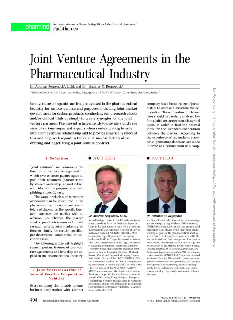 Joint Venture Agreements in the Pharmaceutical Industry