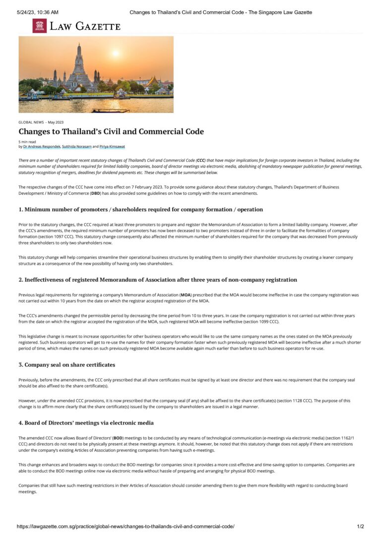 Changes to Thailands Civil and Commercial Code