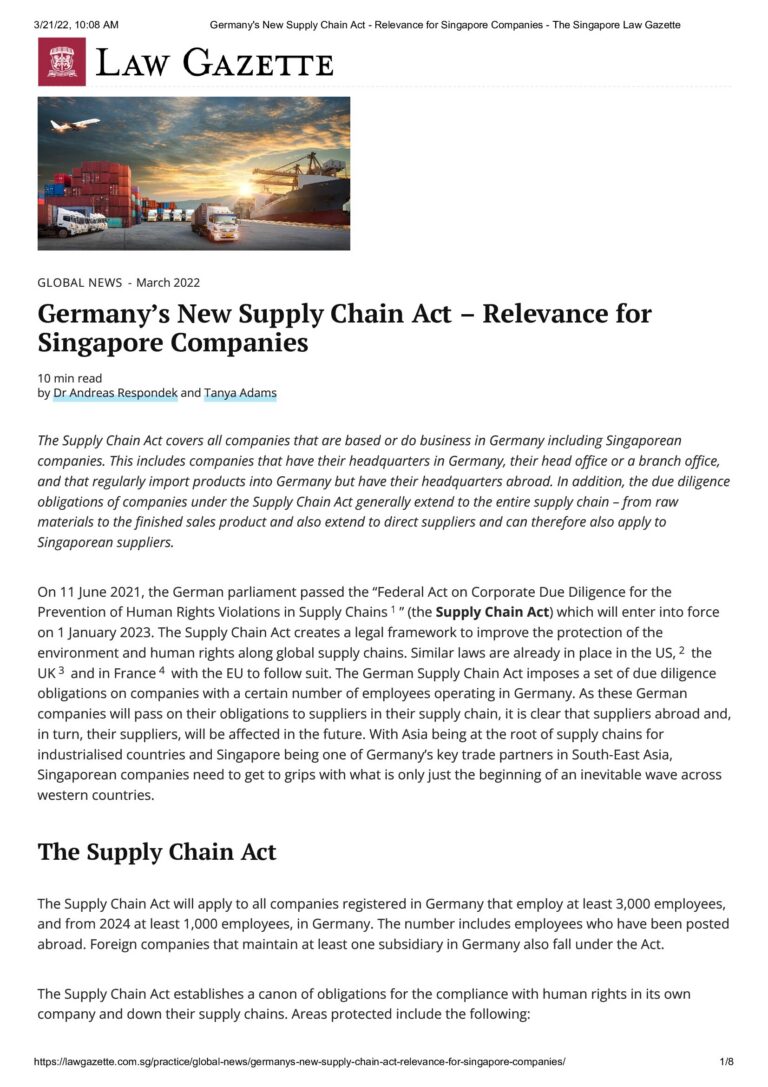 Germanys New Supply Chain Act Relevance for Singapore Companies