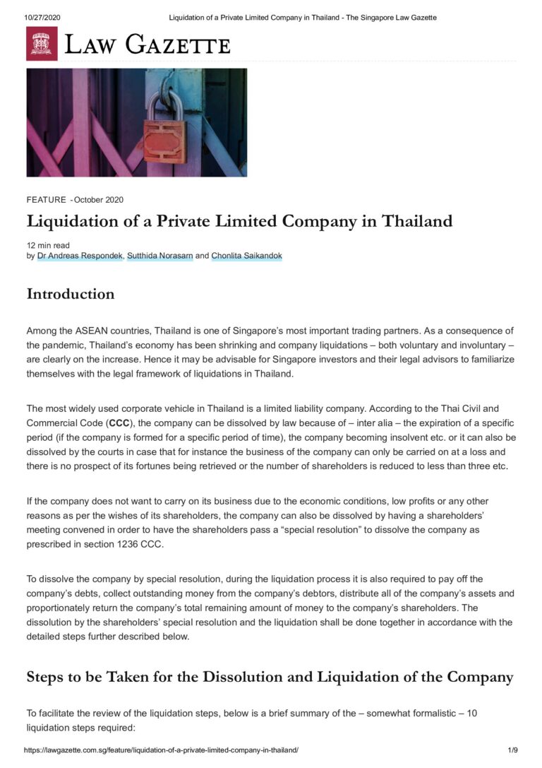Liquidation of a Private Limited Company in Thailand
