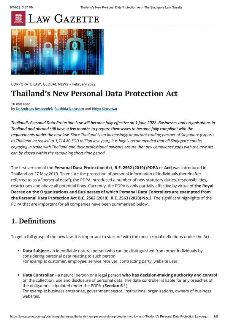 Thailands New Personal Data Protection Act