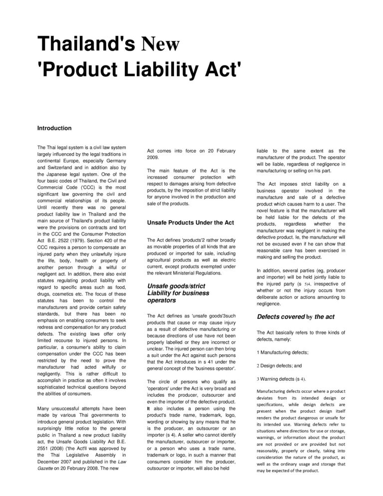 Thailands New Product Liability Act
