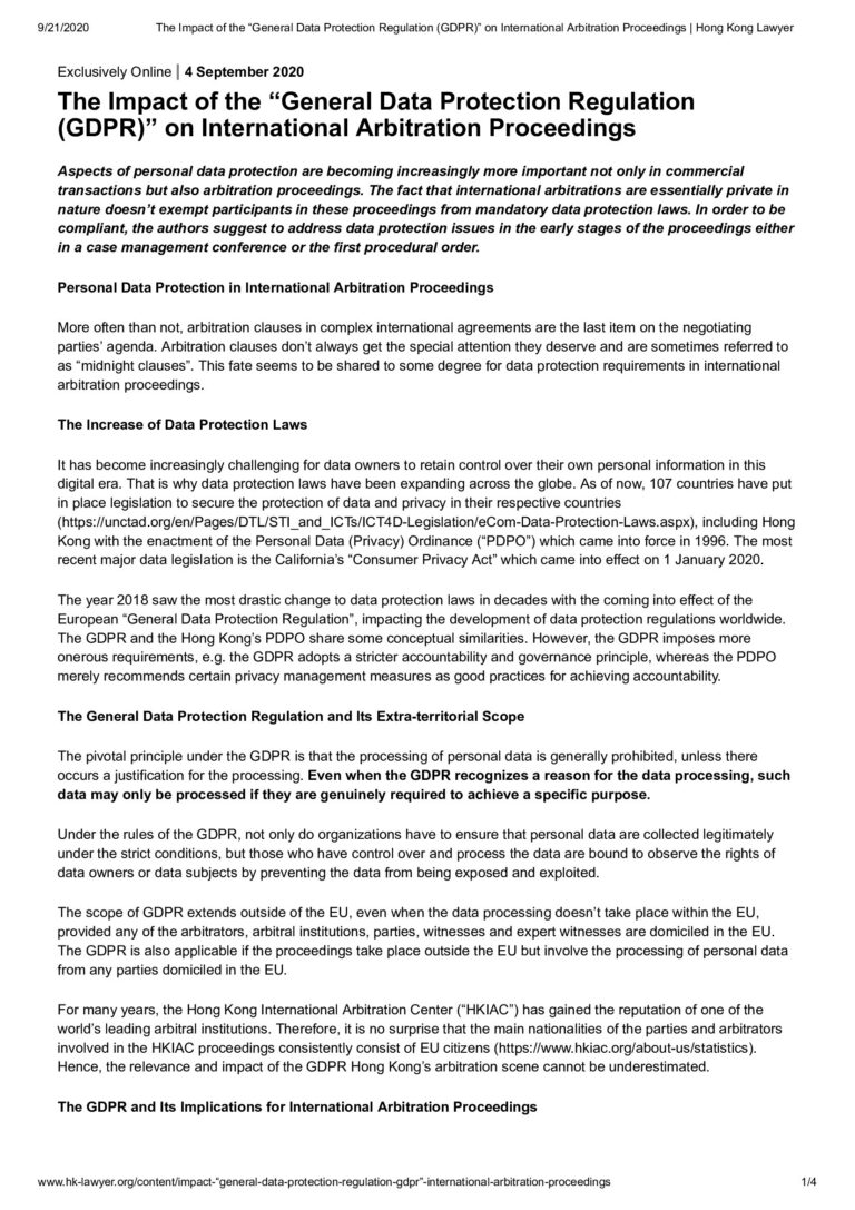 The Impact of the General Data Protection Regulation GDPR on International Arbitration Proceedings